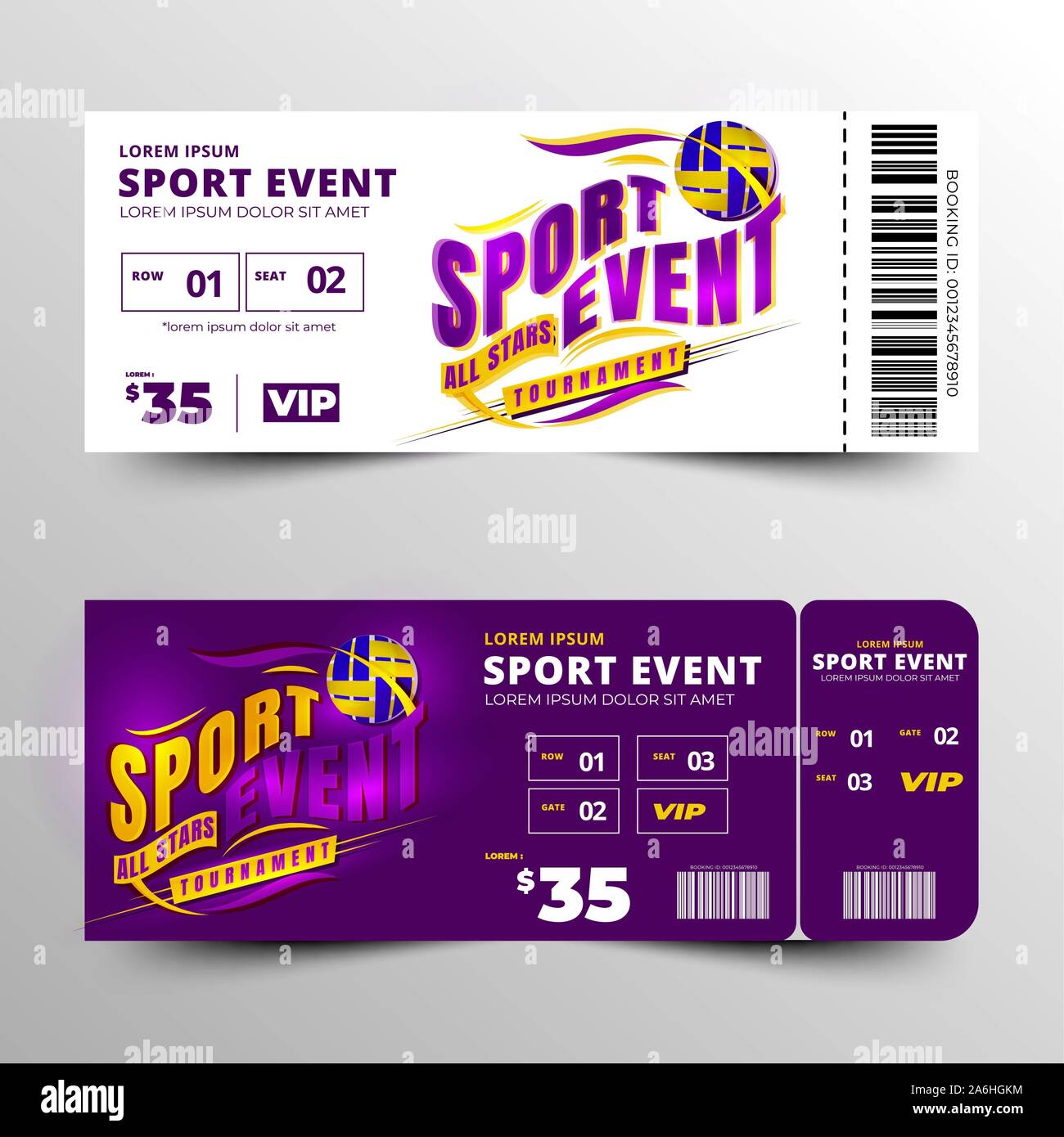 Evento sportivo modello ticket vettore design, pulito e semplice layout, toolkit modello di evento design, moderno ed elemento creativo white due opzione Foto Stock