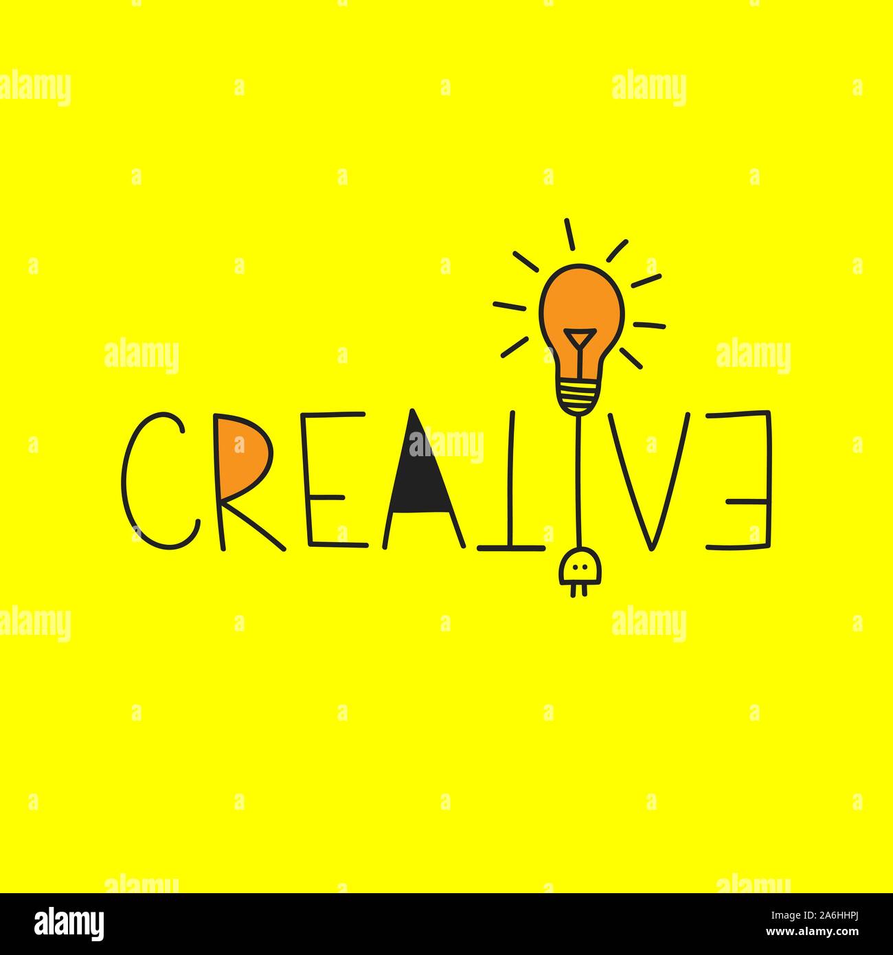 Parola creativa, vettore di creative lettering con lampada, bulblamp, business idea, concetto brainstorme Illustrazione Vettoriale