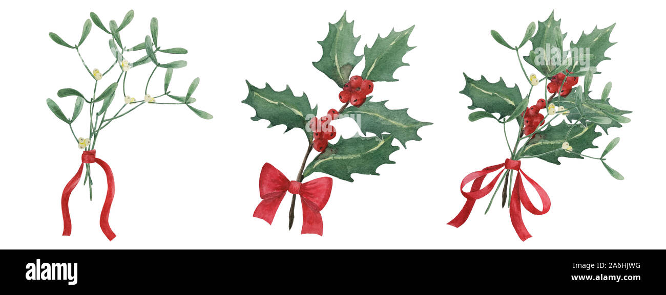 Dipinto ad acquerello di raccolta tradizionale Natale vischio e agrifoglio mazzi con nastri rossi, impianti illustrazione per Natale e Anno Nuovo de Foto Stock