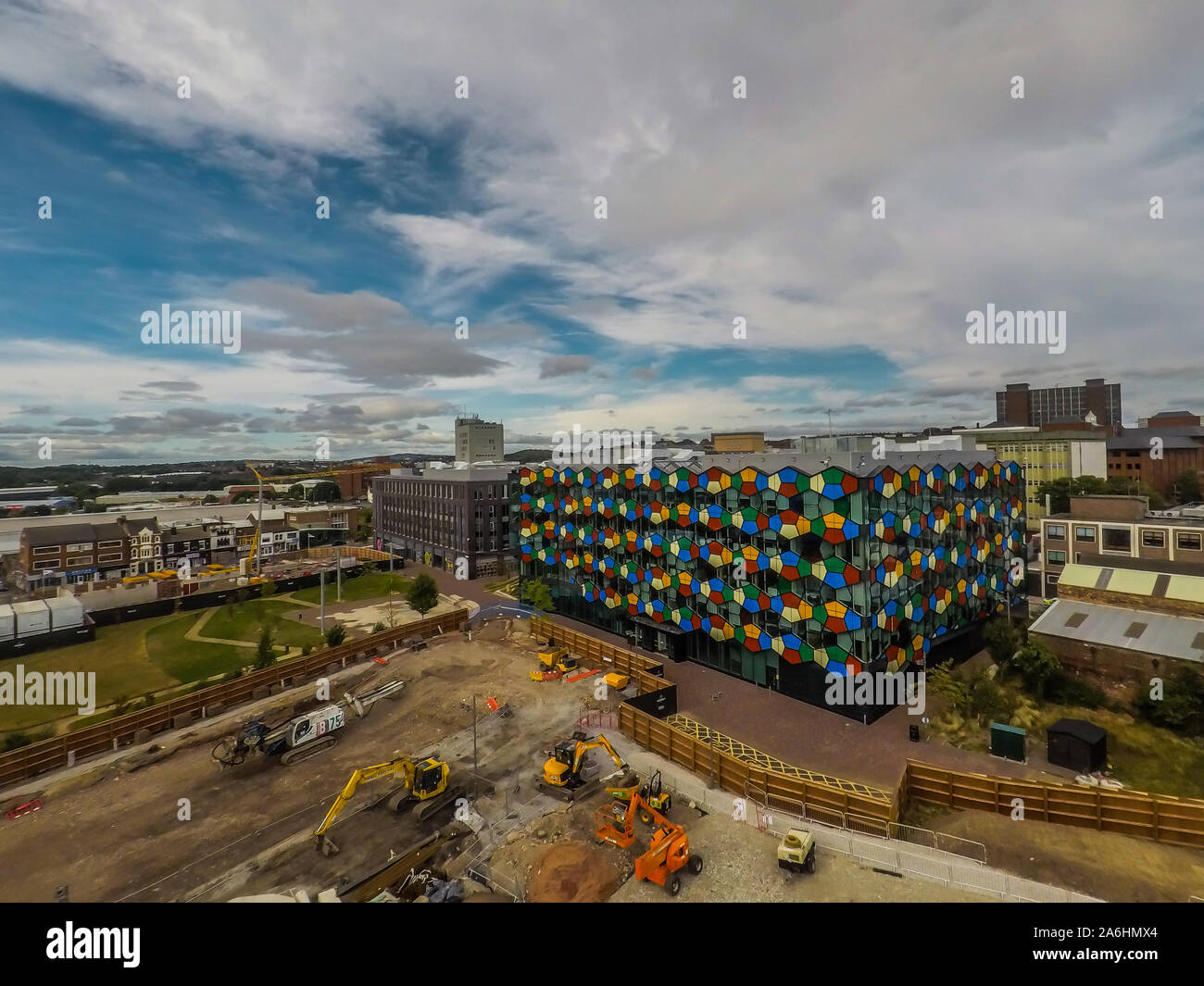 Vista aerea prosegue il lavoro sul nuovo Hilton hotel complesso ad un sito di Smithfield, Stoke on Trent City Council building, complesso Foto Stock