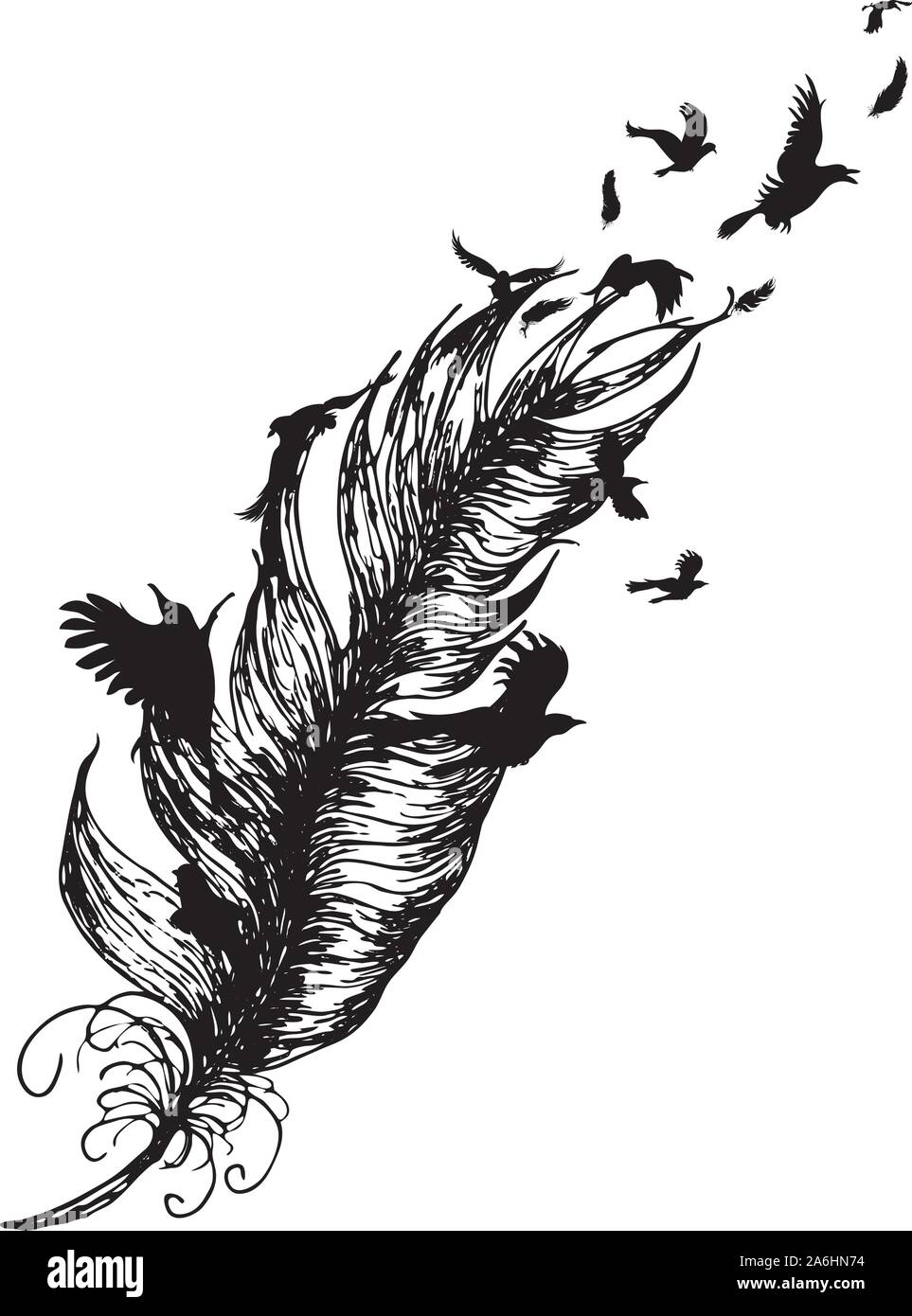 Uccelli in volo e piuma silhouette, tattoo design in bianco e nero. Illustrazione Vettoriale