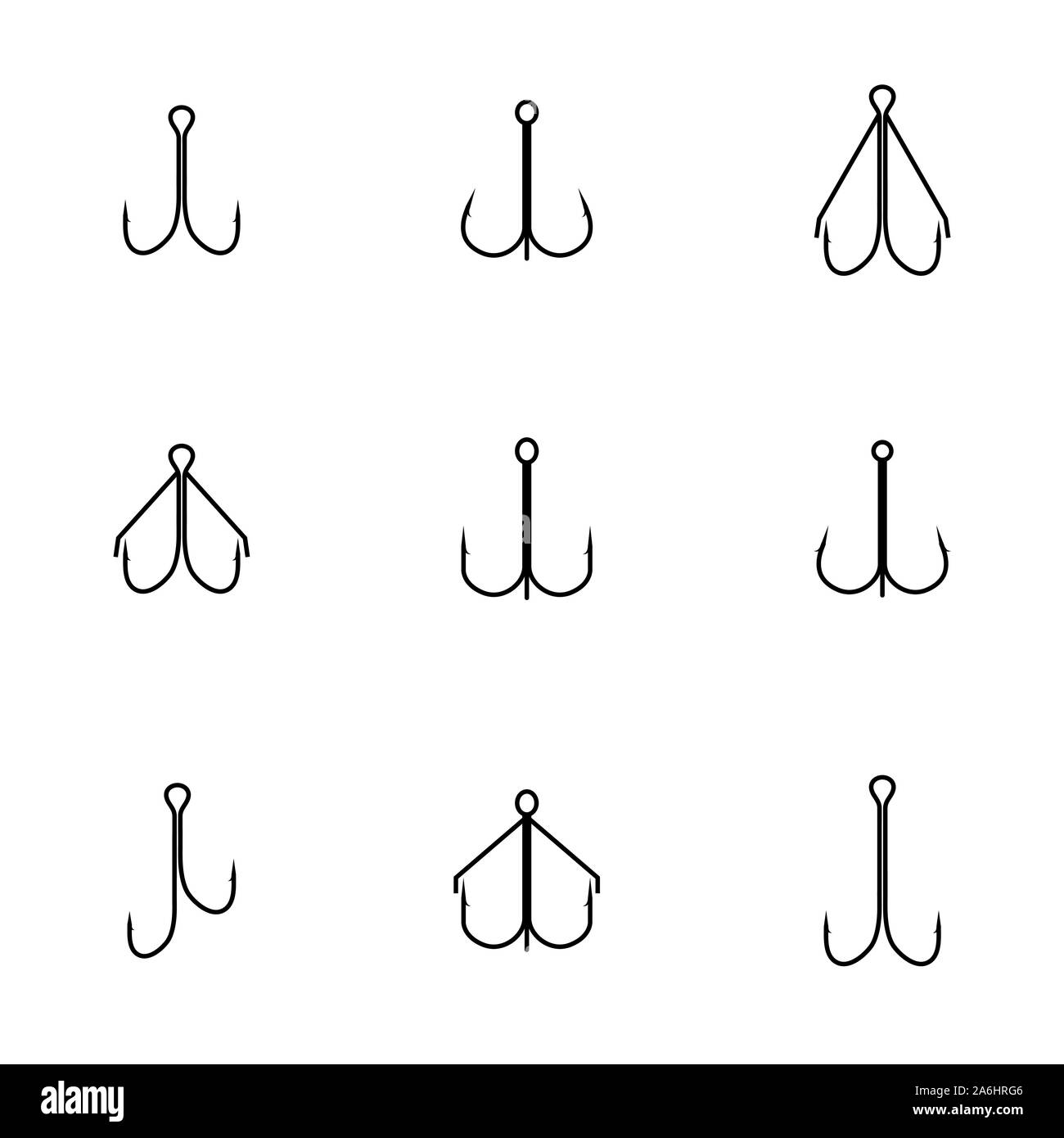 Gli accessori di pesca da linee sottili. Insieme di diverse camere doppie e triple e ganci, isolati su sfondo bianco, illustrazione vettoriale. Illustrazione Vettoriale