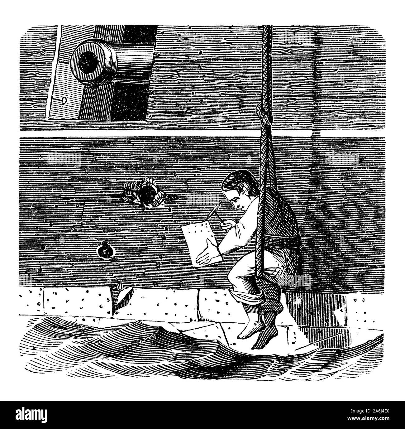 Le riparazioni del lavoratore un buco nella chiglia della nave la regolazione di una piastra metallica per le patch di perdita Foto Stock