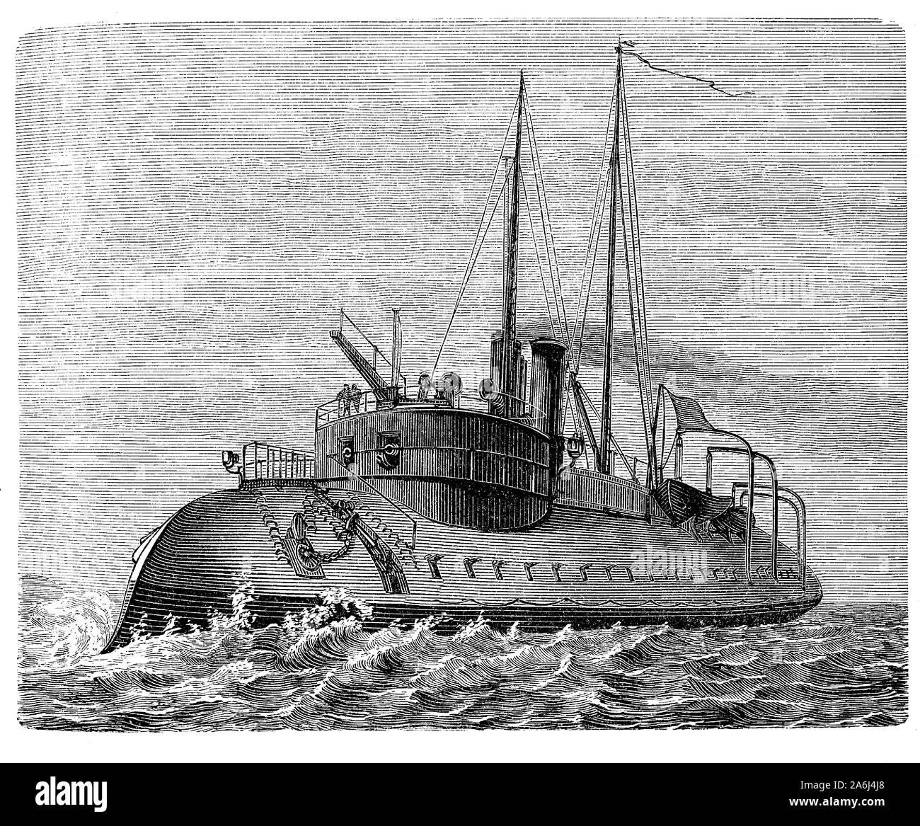 Tigre francese corazzata ironclad ram del 1871 con un sottomarino di becco corazzato a prua di affondare la nave nemica Foto Stock