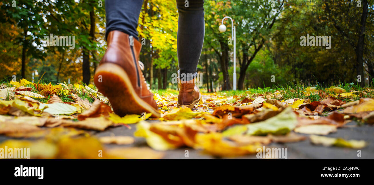 Vista posteriore sui piedi di una donna in pantaloni neri e stivali da marrone a camminare in un parco lungo il marciapiede disseminato di foglie cadute. Il concetto di turnove Foto Stock