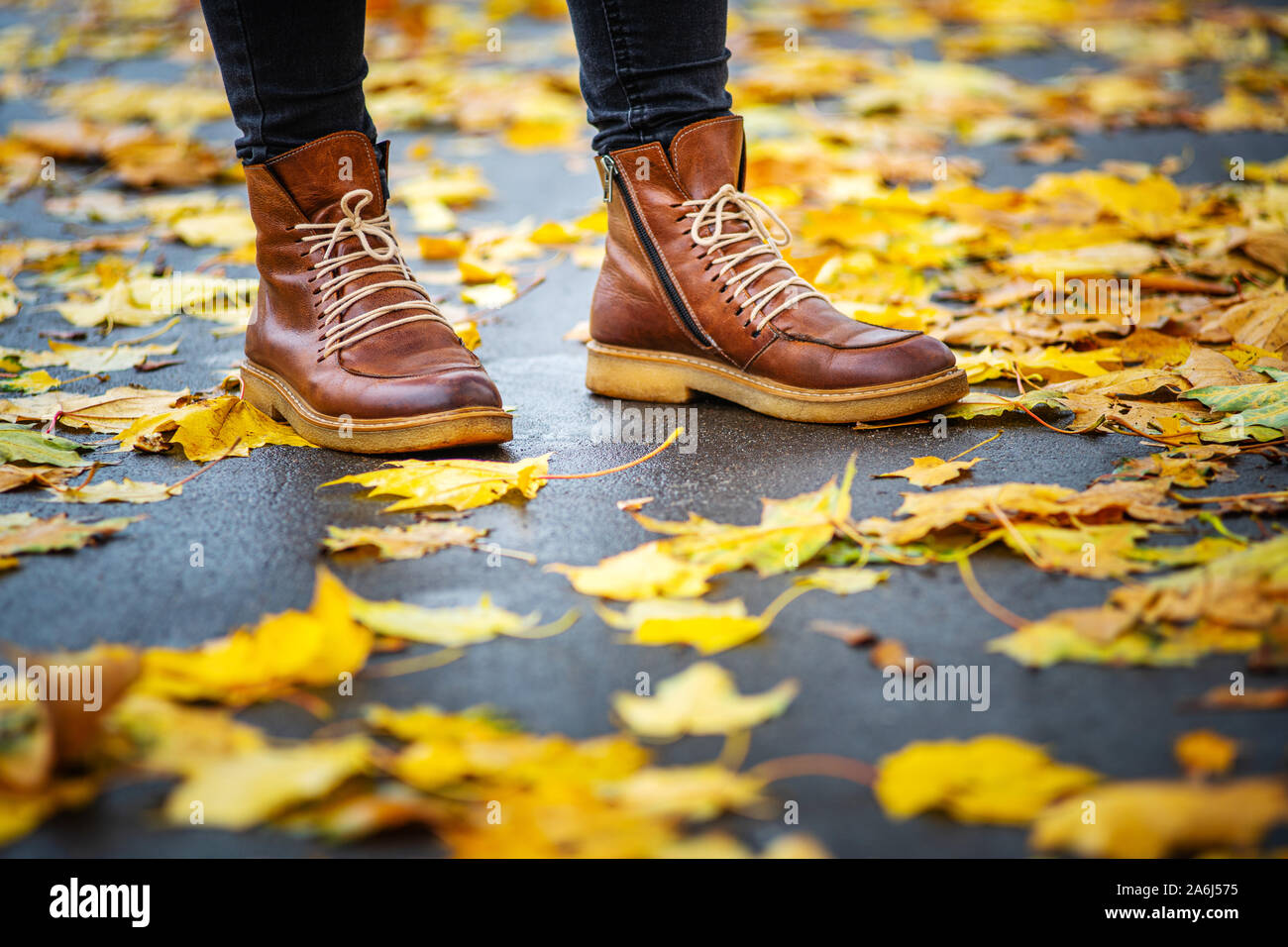 Le gambe di una donna in pantaloni neri e stivali marrone in autunno park  sul marciapiede cosparso di foglie cadute. La nozione di fatturato  stagioni. Meteo backgrou Foto stock - Alamy