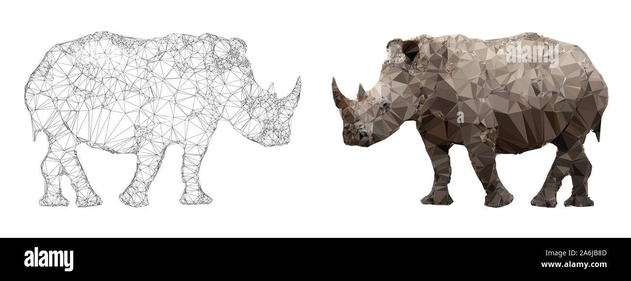 Africa rinoceronte bianco, stile di triangolazione banner in toni naturali della pelle e in bianco e nero vista wireframe. EPS10 formato vettoriale. Illustrazione Vettoriale