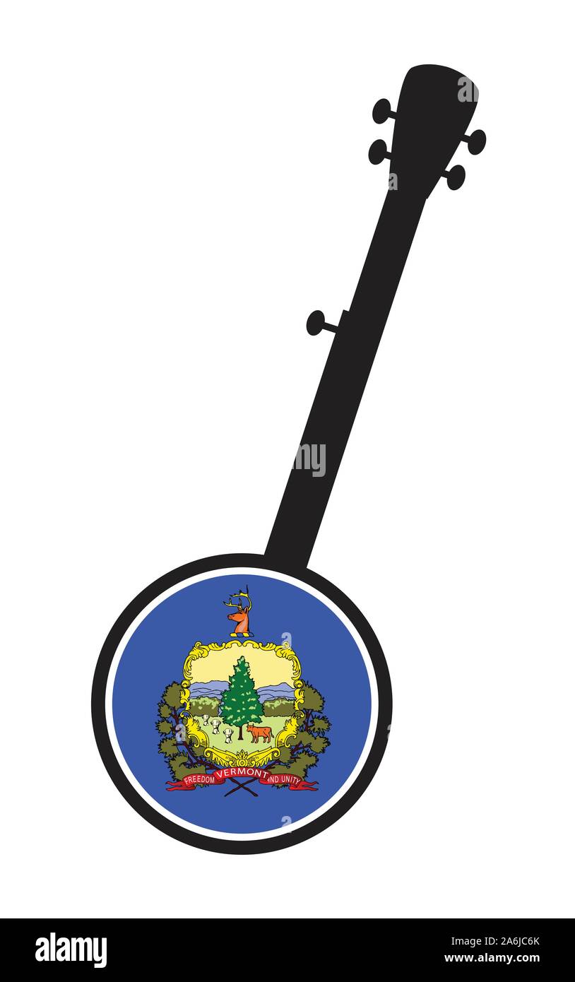 Un tipico cinque banjo stringa in silhouette su uno sfondo bianco merita l'icona dalla bandiera dello Stato del Vermont Illustrazione Vettoriale