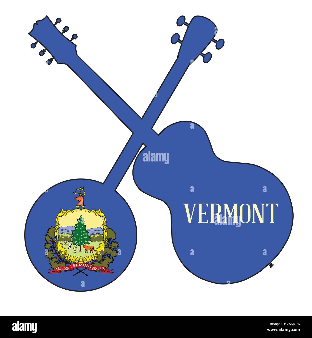 Un tipico quattro banjo stringa in silhouette con una chitarra acustica al di sopra del Vermont Bandiera dello stato su sfondo bianco Illustrazione Vettoriale