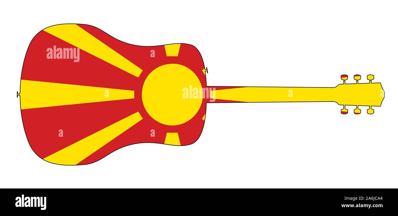 Una tipica chitarra acustica silhouette isolate su uno sfondo bianco con una bandiera della Macedonia Illustrazione Vettoriale