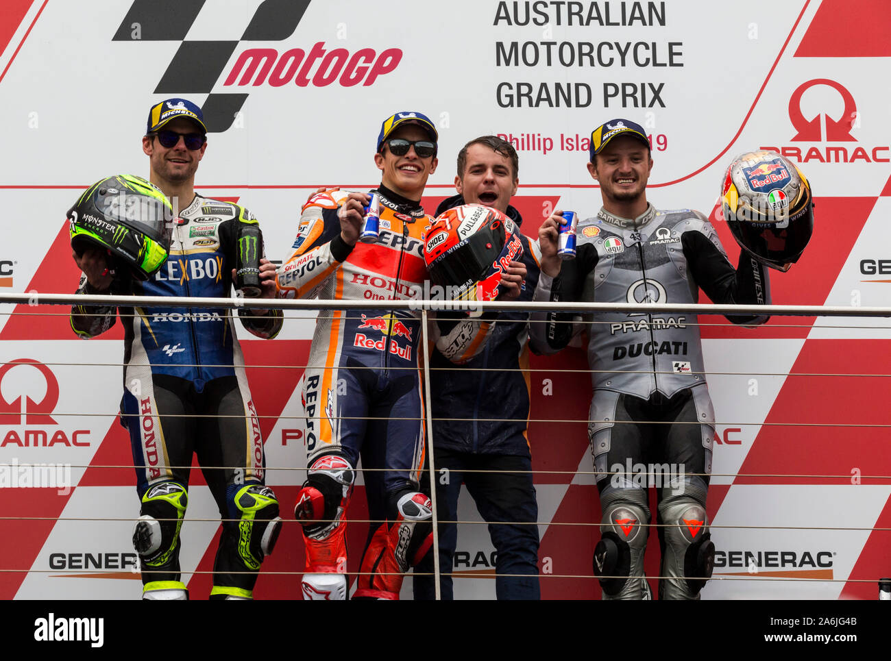 Victoria, Australia. 27 ott 2019. Il 27 ottobre 2019; Phillip Island Grand Prix Circuit, Phillip Island, Victoria, Australia; Australian Moto GP, il giorno della gara; Vincitore Marc Marquez, Cal Crutchlow e Jack Miller sul podio - Editoriale usare carte di credito: Azione Plus immagini di sport/Alamy Live News Foto Stock