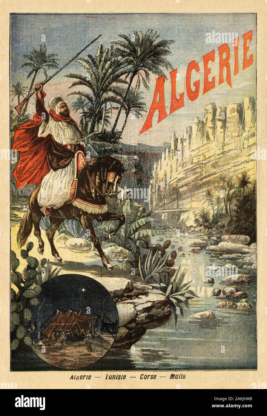 Reclame publicitaire pour la Compagnie de chemin de fer de Paris Lyon Mediterranee, pour la promotion des lignes du territoire algerien qu'elle un en con Foto Stock