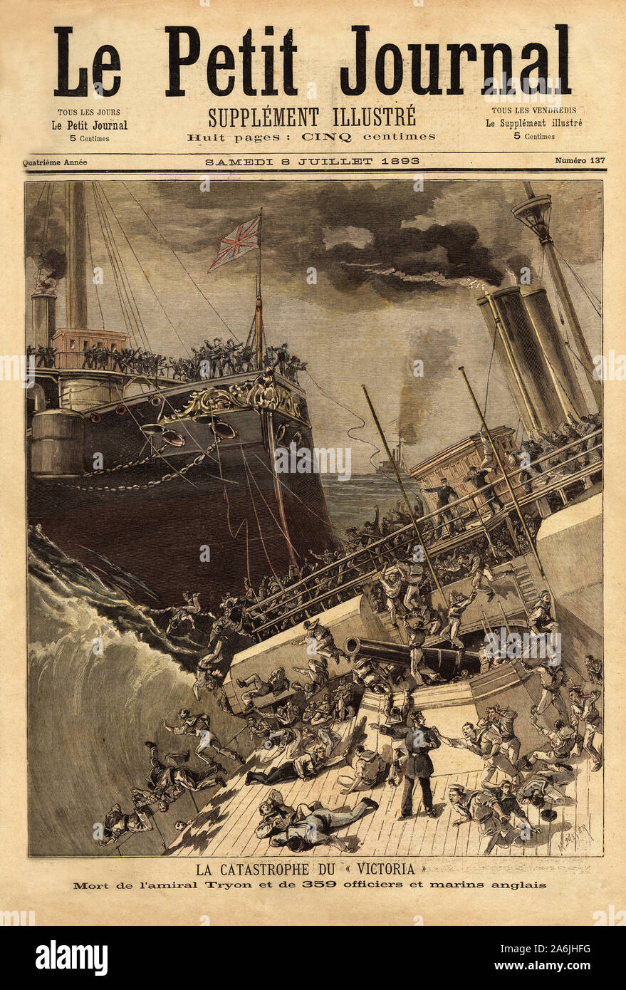 Le cuirasse Victoria coule au grande des cotes syriennes, eperonne par le navire Camperdown. Il rotocalco in "Le Petit Journal' 8/07/1893. Collezione de . Foto Stock
