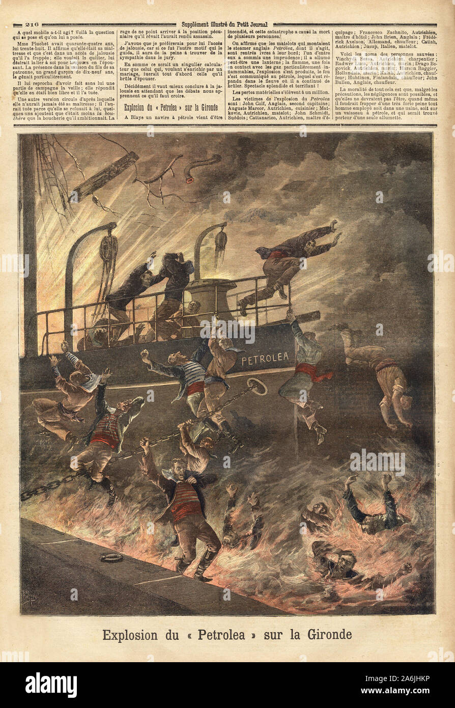 L'esplosione du 'Petrolea', il sistema di cottura a vapore anglais transportant du Petrole, a Blaye, sur la Gironde. Il rotocalco in "Le Petit Journal' 4/06/1892. Collezione de . Foto Stock