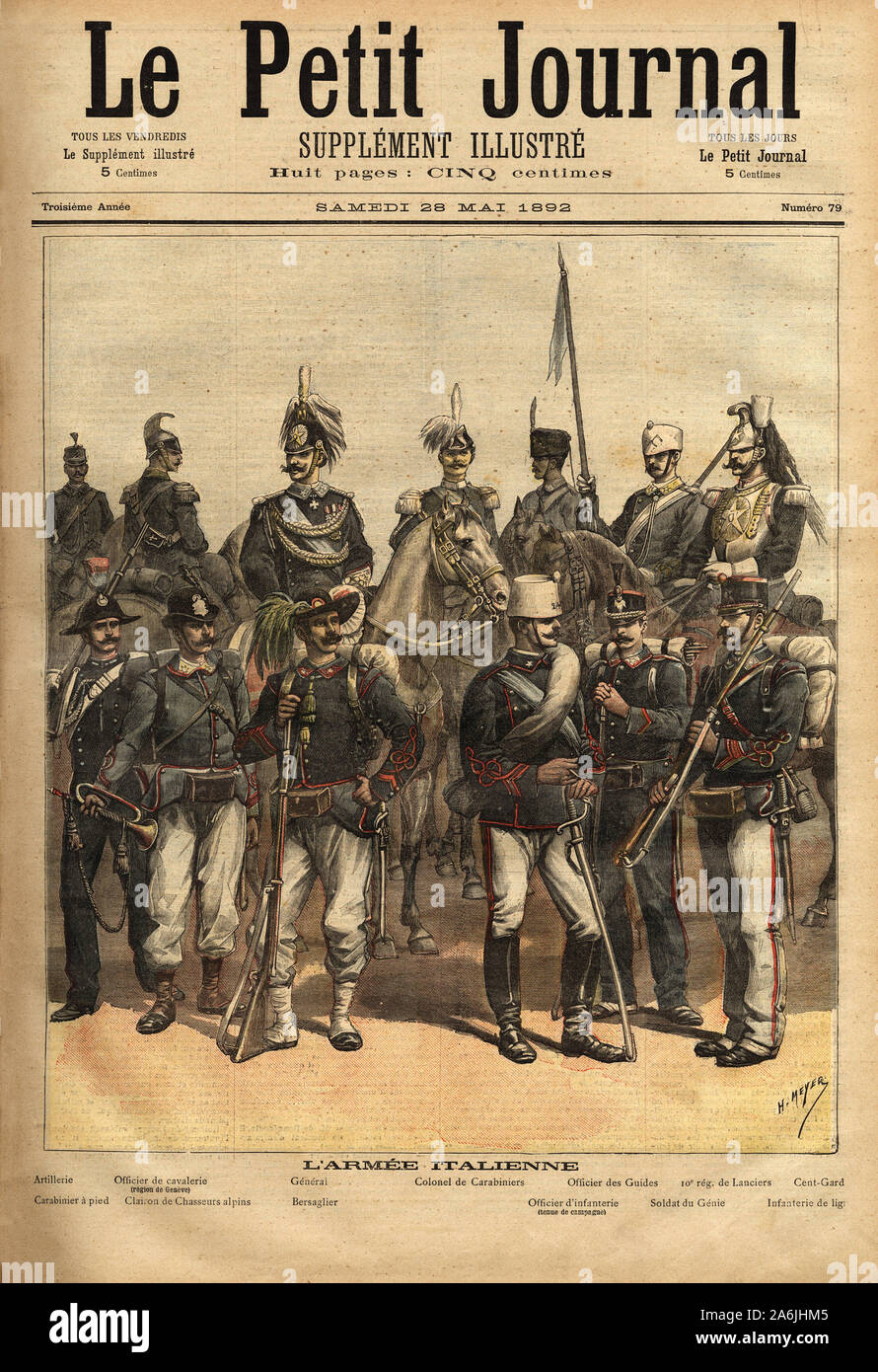 Les uniformes de l'Armée italienne, un cheval de gauche a droite: l'artillerie, l'Officier de cavalerie, le general, le colonel de carabiniers, l'offic Foto Stock