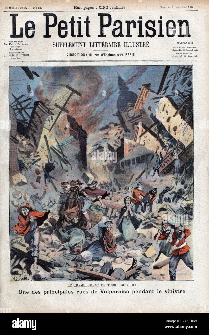 Nazioni Unite seisme de 8,2 sur l'échelle de Richter fait 3000 morts et 20000 benedice a Valparaiso au Chili, le 16 Aout 1906. Il rotocalco in "Le Petit Parisien", le Foto Stock