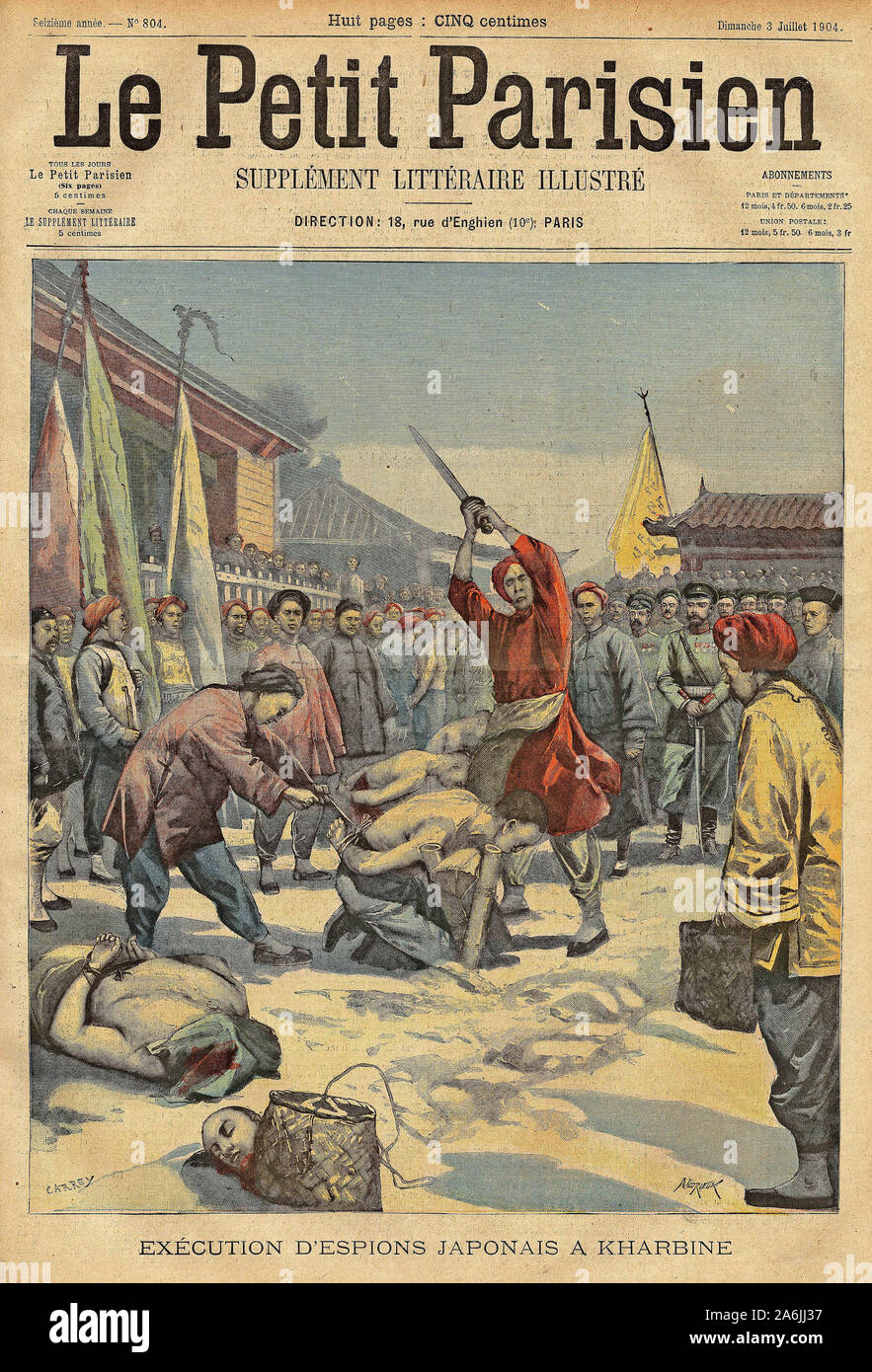 Guerre Russo japonaise (Russo-Japonaise) : Des espions japonais pris un Kharbine (Harbin, arista) sont esegue par les Chinois, alleati des Russes. Grav Foto Stock