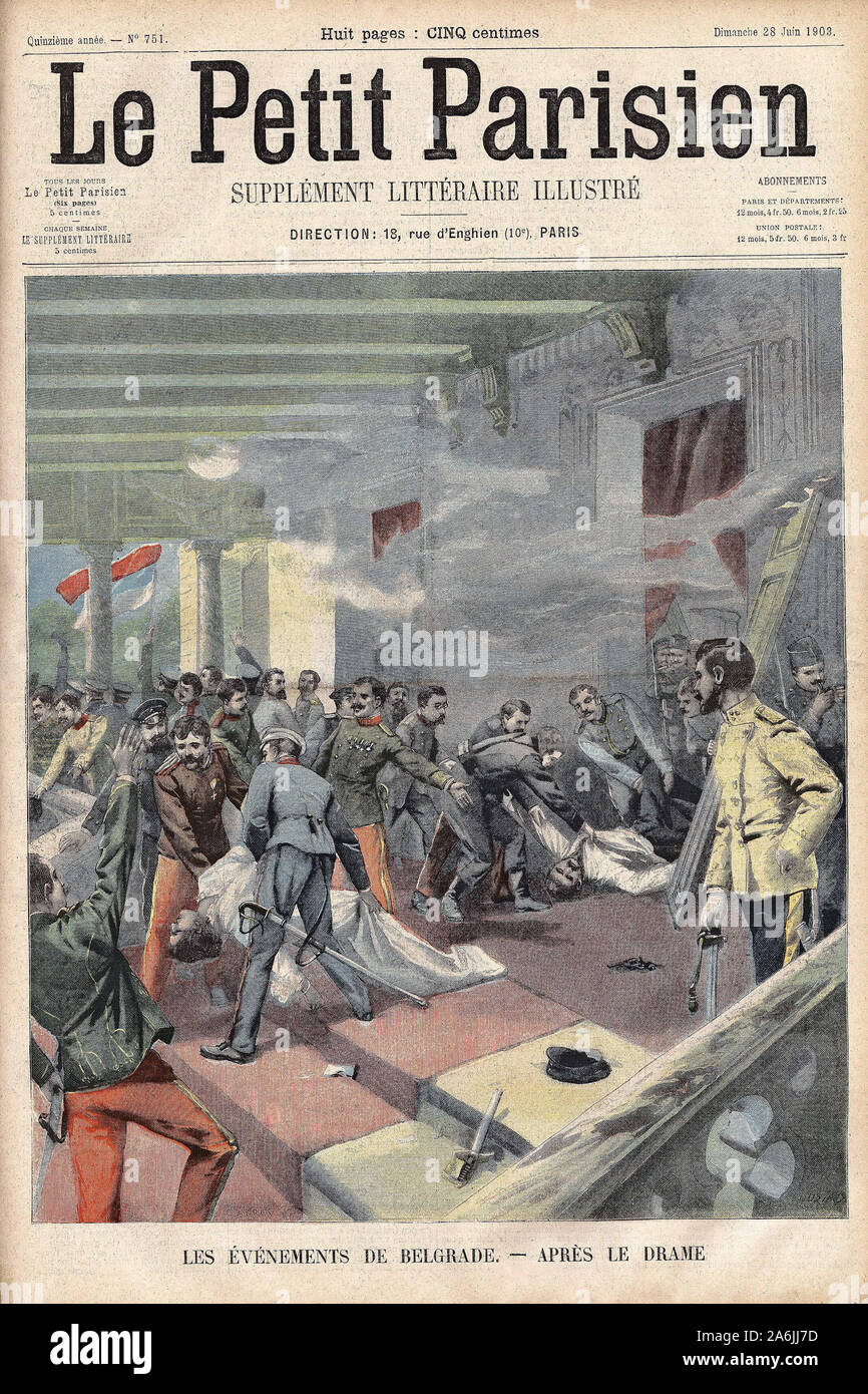 Scena de l'assassinat du Roi Alexandre Ier de Serbie au Palais royal de Belgrado. Il rotocalco in "Le Petit Parisien", le 28/06/1903. Foto Stock