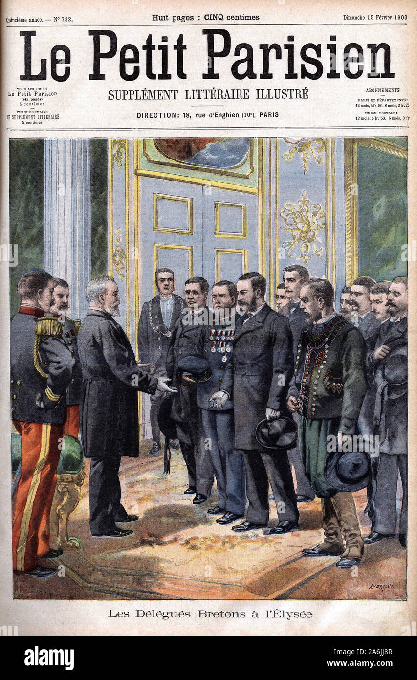 Le Président de la République Emile Loubet reçoit une délégation Bretonne à l'Elysée. Il rotocalco in "Le Petit Parisien", le 15/02/1903. Foto Stock