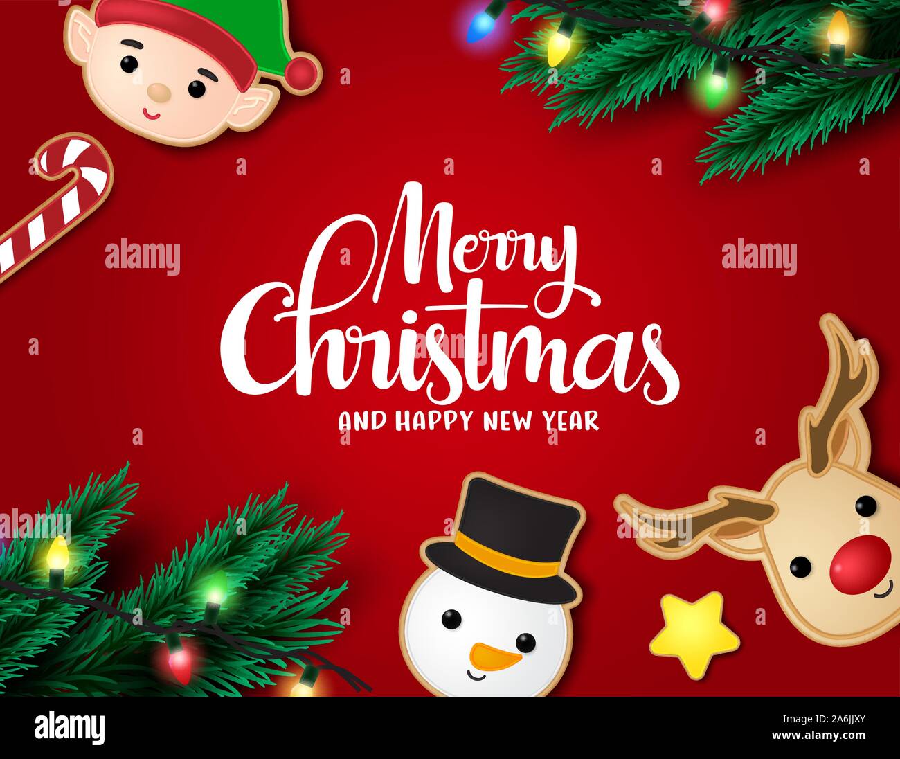 Natale a sfondo rosso vector modello di pagina di intestazione. Buon Natale tipografia con gingerbread cookie carattere di renne, snowman, Elf, candy cane. Illustrazione Vettoriale