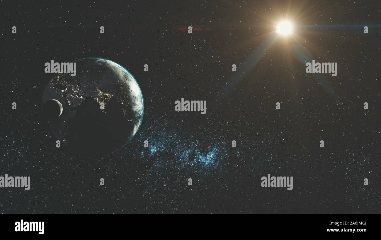 Spin Pianeta Terra Galaxy stellato bagliore di luce del sole. Majestic crepuscolo aprire Cosmo Luna orbita navigazione spazio universo di viaggio il concetto di esplorazione di animazione 3D Foto Stock