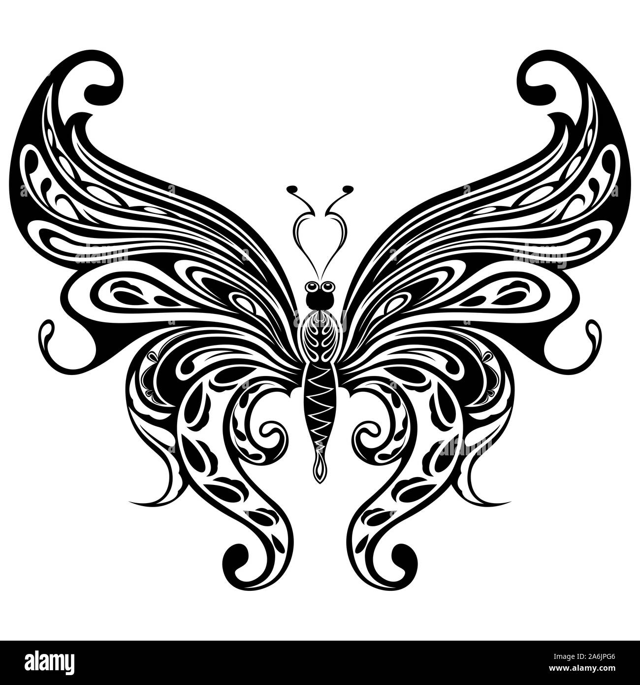 Nero stencil ornamentali di bellissimi fiori farfalla isolato su uno sfondo bianco, del disegno a mano illustrazione vettoriale Illustrazione Vettoriale