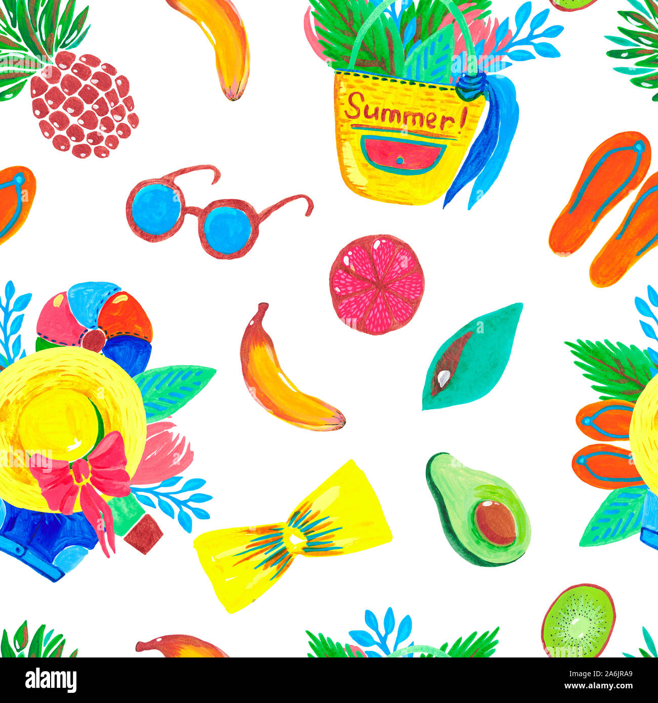 Modello senza giunture donne estate accessori per il viaggio e la spiaggia tropicale frutto di avocado su sfondo bianco. Illustrazione ad acquerello Foto Stock