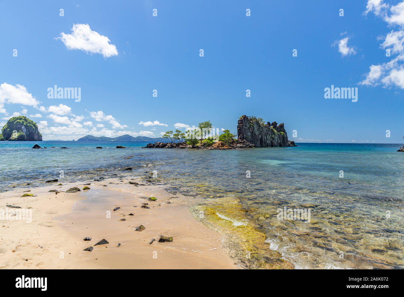 Saint Vincent e Grenadine, Colomba e diga vista sulle isole nella baia di indiano Foto Stock