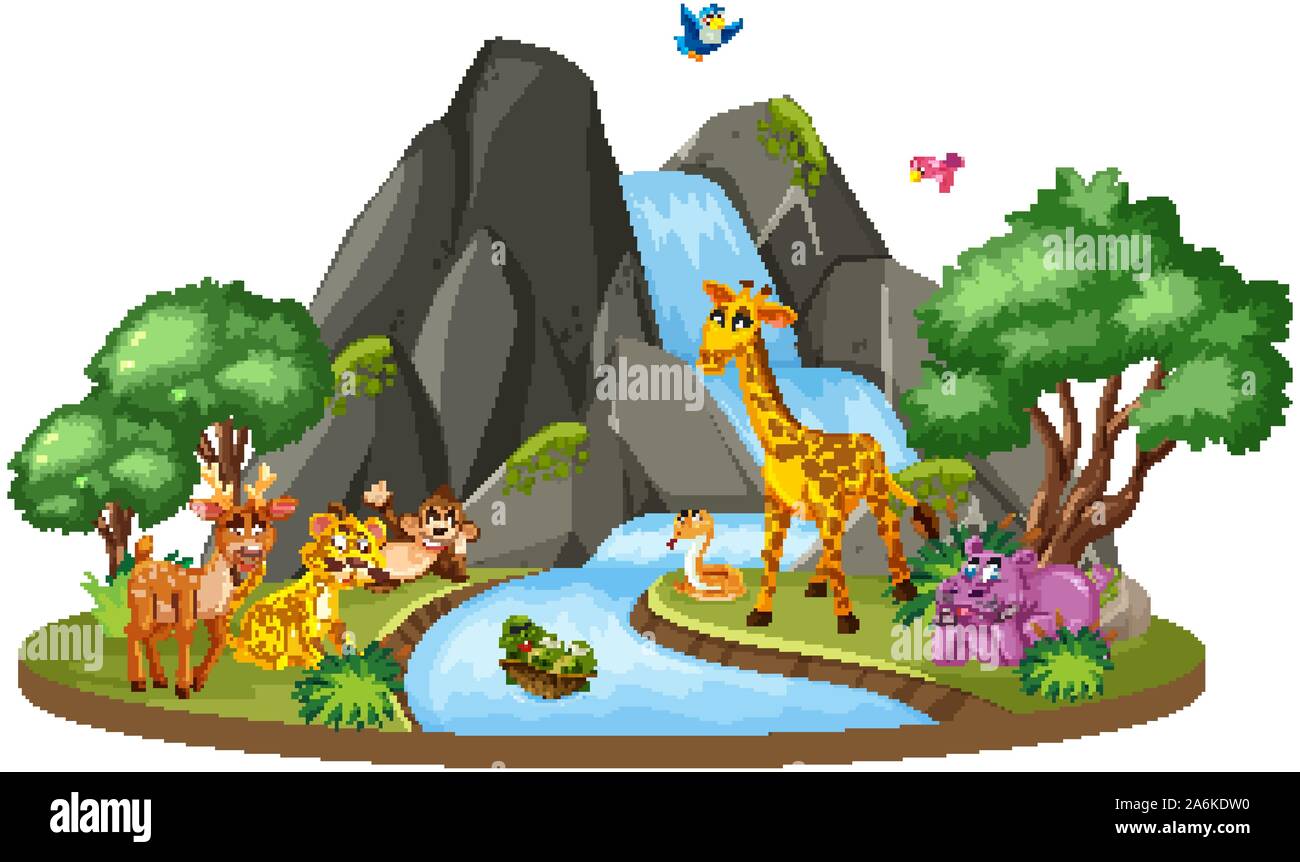 Scena di sfondo degli animali selvatici e la cascata di illustrazione Illustrazione Vettoriale