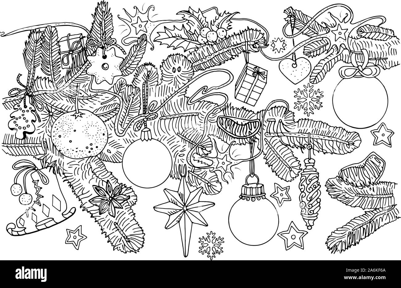 Abete rami e le decorazioni di Natale, palline, biscotti, frutta, fiocchi di neve, le stelle. Doodle stile illustrazione di contorno. Biglietto di auguri, scrapbooking Illustrazione Vettoriale