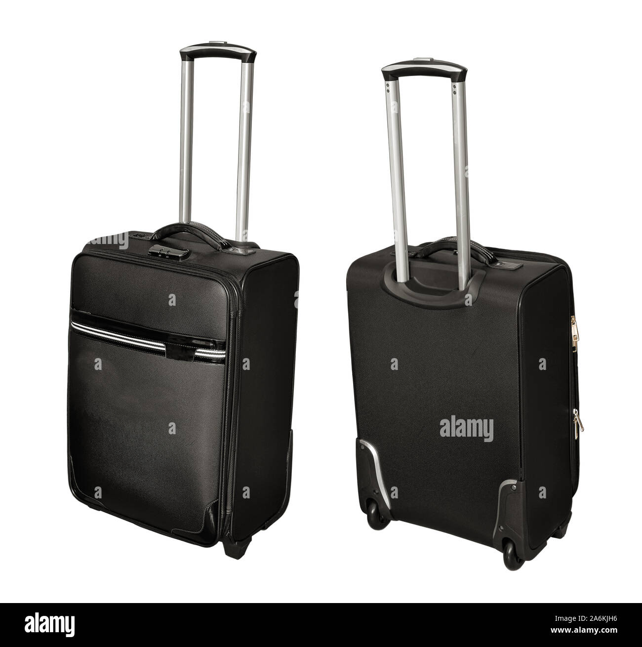 Viaggiare valigia su ruote con pull-out maniglia. Close-up. Isolato su sfondo bianco. Foto Stock