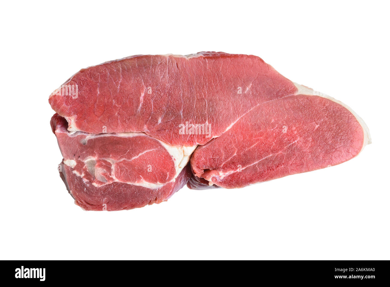 Pezzo di prodotti freschi a base di carne rossa su uno sfondo bianco isolato con percorso di clipping. Vista superiore Foto Stock