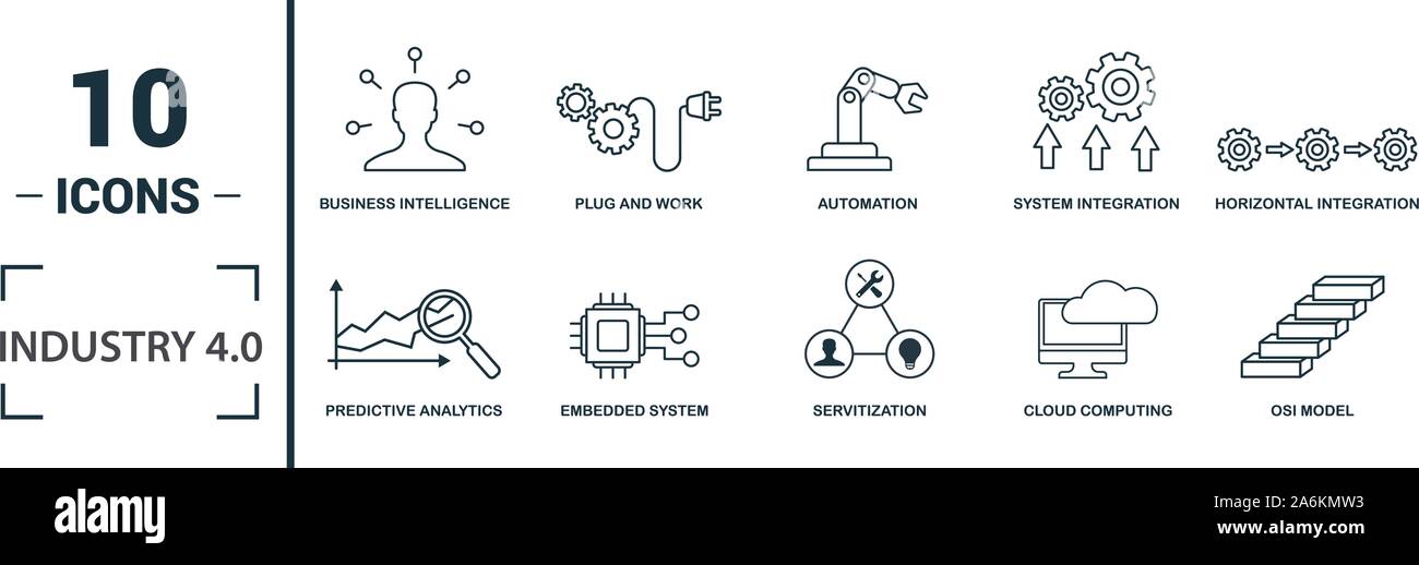 L'industria 4.0 icon set. Includere elementi creativi di automazione della gestione dei dati di business intelligence integrazione orizzontale, modello osi icone. Può essere Illustrazione Vettoriale