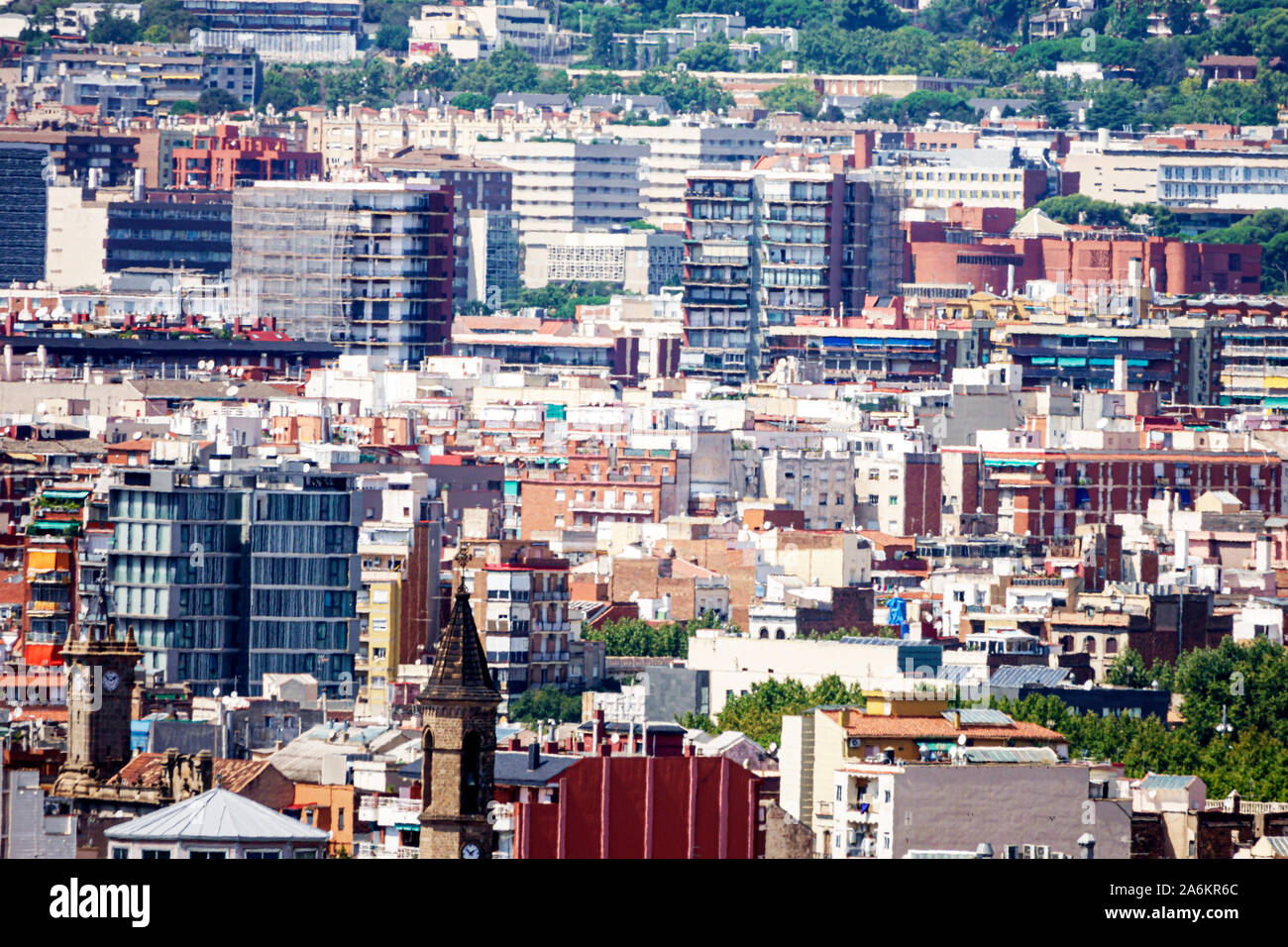 Barcellona Spagna,Catalogna Catalunya,Parc de Montjuic,skyline della città,vista su Les Corts,edifici,grattacieli grattacieli alti edificio tetto edifici Foto Stock