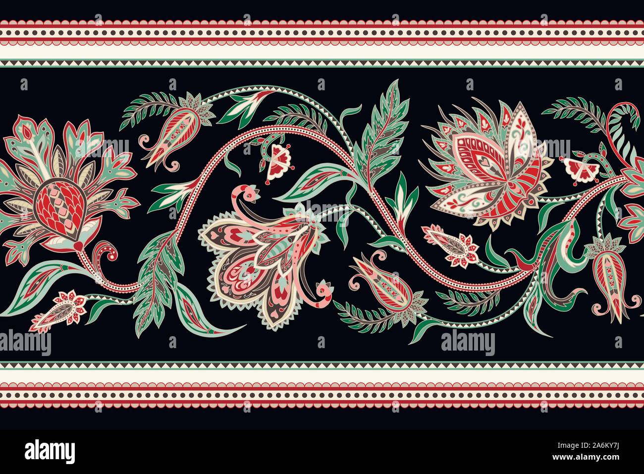 Seamless confine etnico con elementi di ornamento e paisleys. Folk fiori e foglie per la stampa o il ricamo. Illustrazione Vettoriale