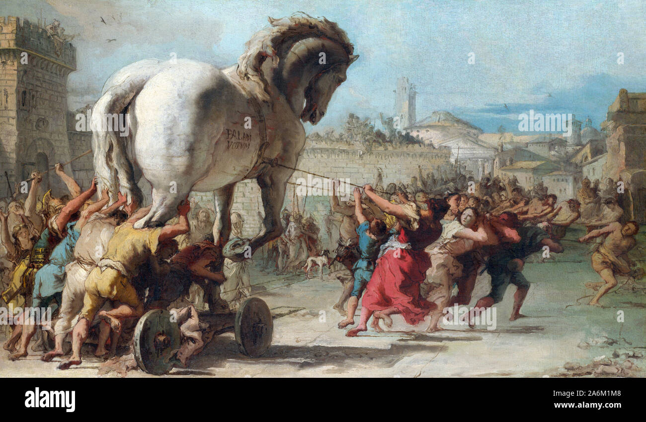 La processione del Cavallo di Troia in Troy da Giovanni Domenico Tiepolo (1727-1804), olio su tela, c.1760 Foto Stock