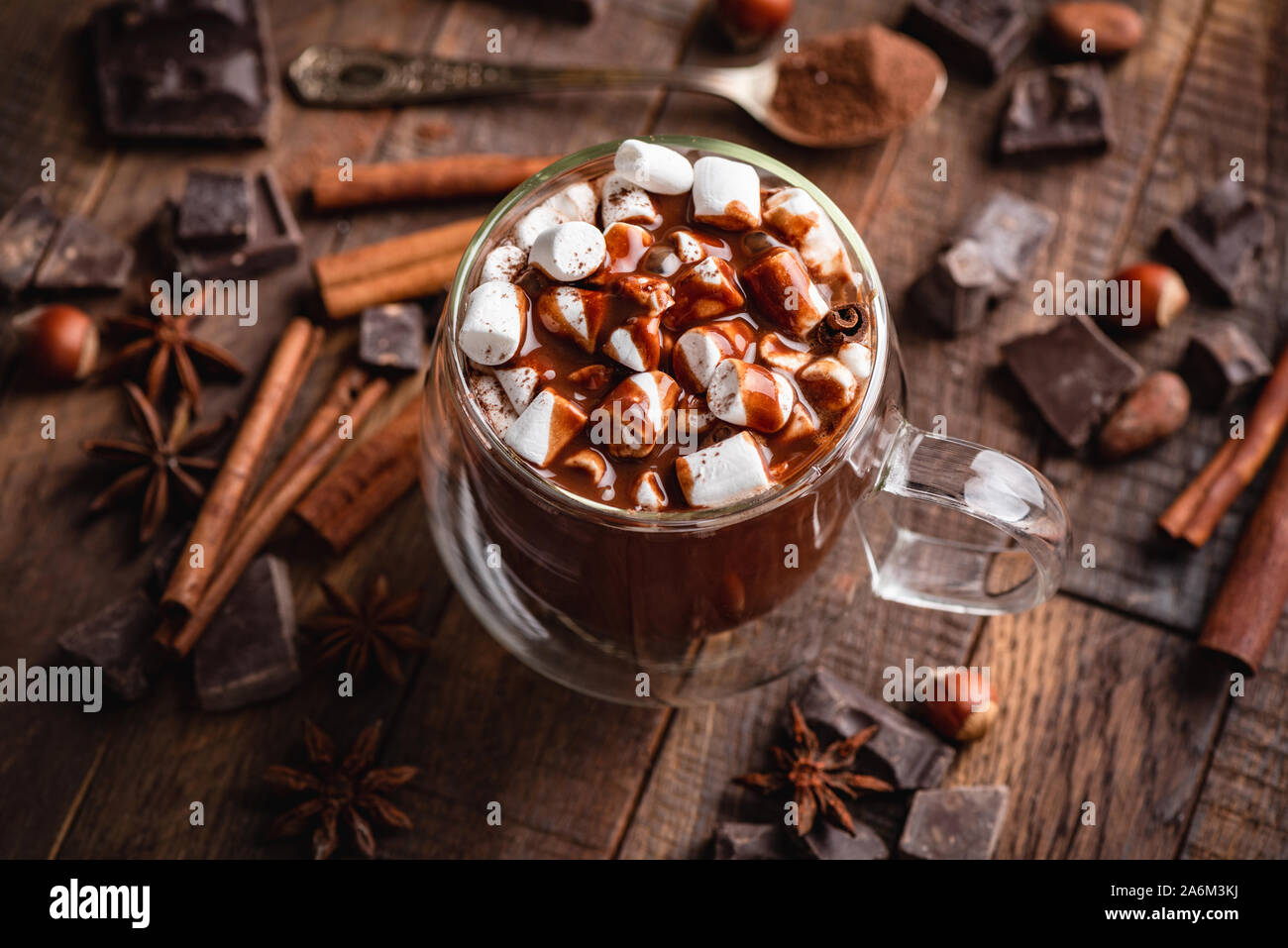 Cioccolata calda con marshmallows e lo sciroppo al cioccolato in un bicchiere di vetro. Gustosa bevanda dolce. Sfondo di legno Foto Stock