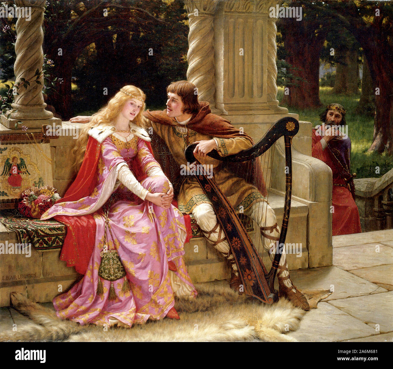 Tristan Iseult e segnare la fine della canzone da Edmund Leighton. Tristano e Iseult, romanticismo storia, tragedia circa l adultera amore tra il Cornish knight Tristan Tristram e la principessa irlandese Iseult, Isolde, Yseult. Foto Stock
