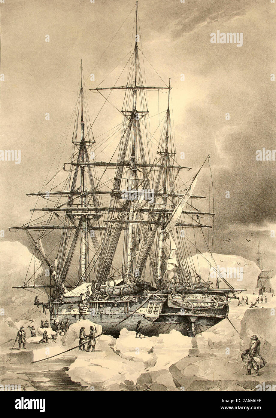 L'astrolabio, rendendo l'acqua su un floe 6 febbraio 1838. Astrolabe era un cavallo barge convertito in un'esplorazione nave della Marina Militare francese ed era stato originariamente denominato Coquille. Lei è famoso per i suoi viaggi con Jules Dumont d'Urville. Foto Stock