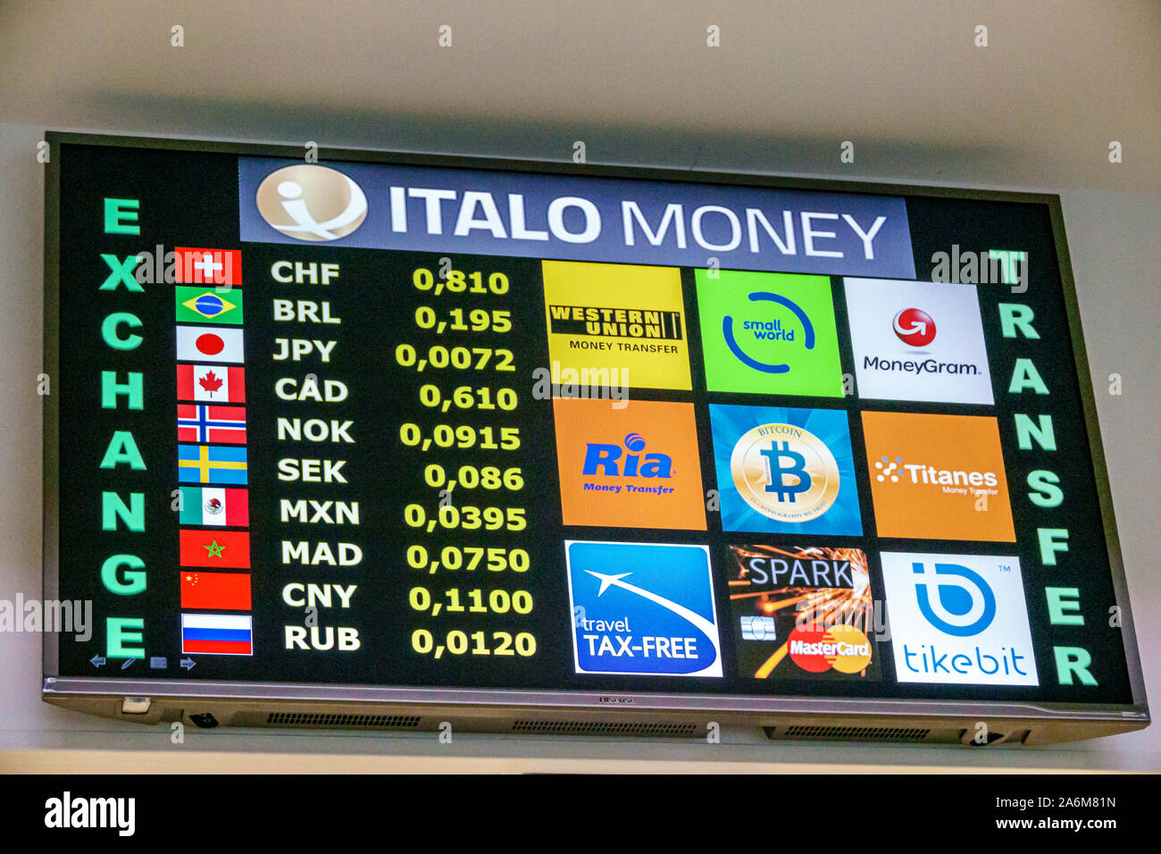 Valencia Spagna,Estacio del Nord,stazione ferroviaria di Renfe,interni,Cambio valuta Italo,valute internazionali,tasso di cambio,British Americ Foto Stock