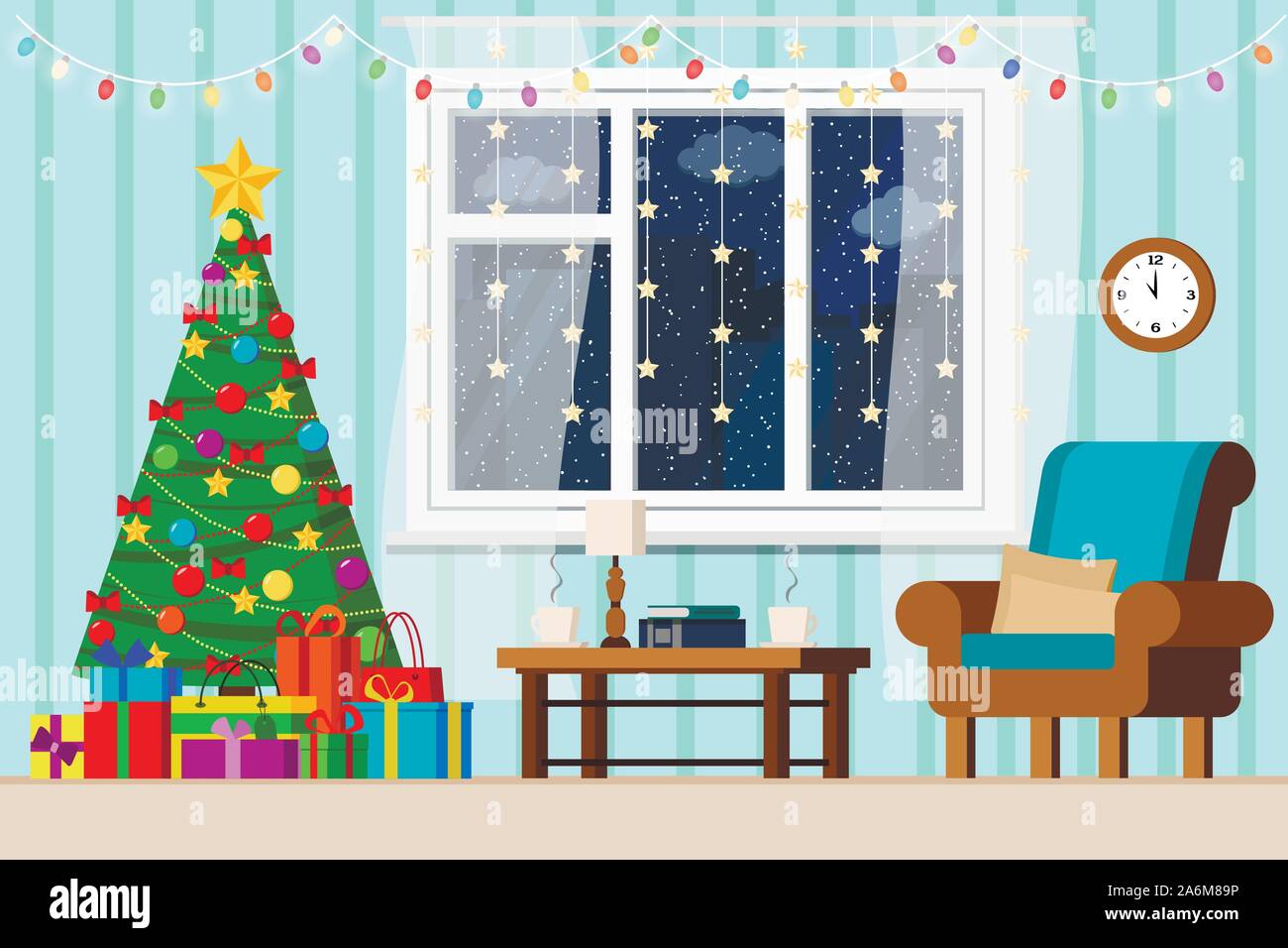 Accogliente anno nuovo home interni decorati soggiorno con albero di natale, finestra con inverno nevoso cityscape in appartamento in stile cartone animato. Illustrazione Vettoriale