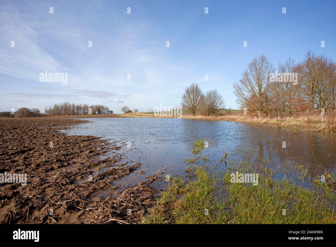 Inondazioni su campi di agricoltori, Oxfordshire, Inghilterra Foto Stock