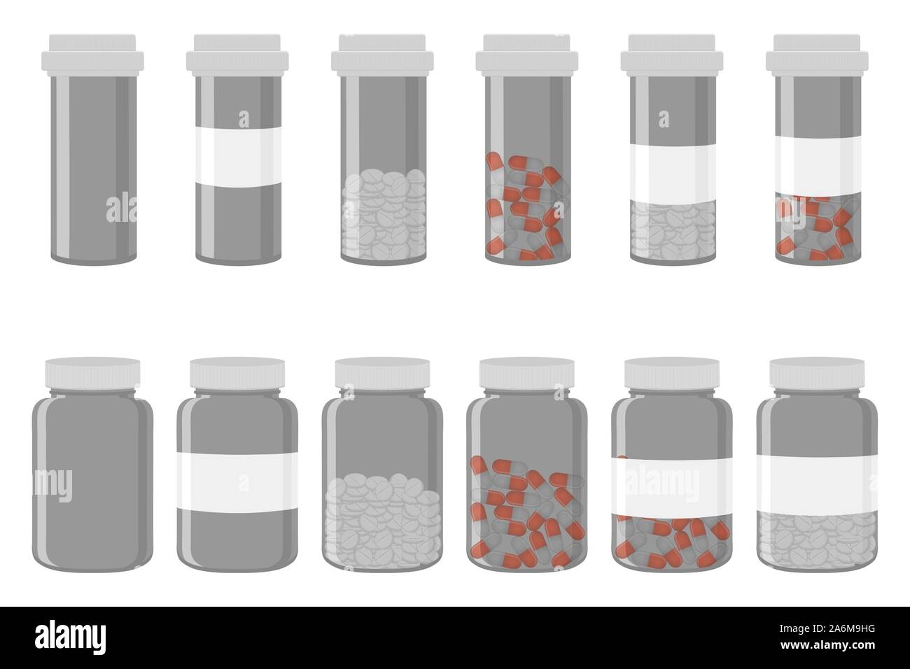 Illustrazione sul tema grande set di colori diversi tipi di pillole all'interno di chiudere il vaso. Pillola disegno costituito da vasi di raccolta con il controllo di qualità chiudi Illustrazione Vettoriale
