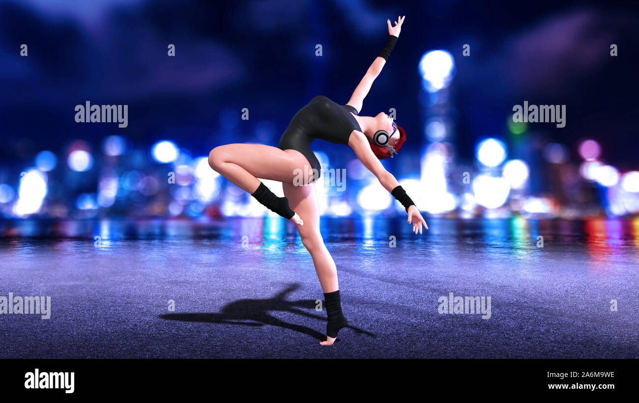 Ballerina con le cuffie, dancing redhead donna salta con la notte dello  skyline della città sullo sfondo, rendering 3D Foto stock - Alamy
