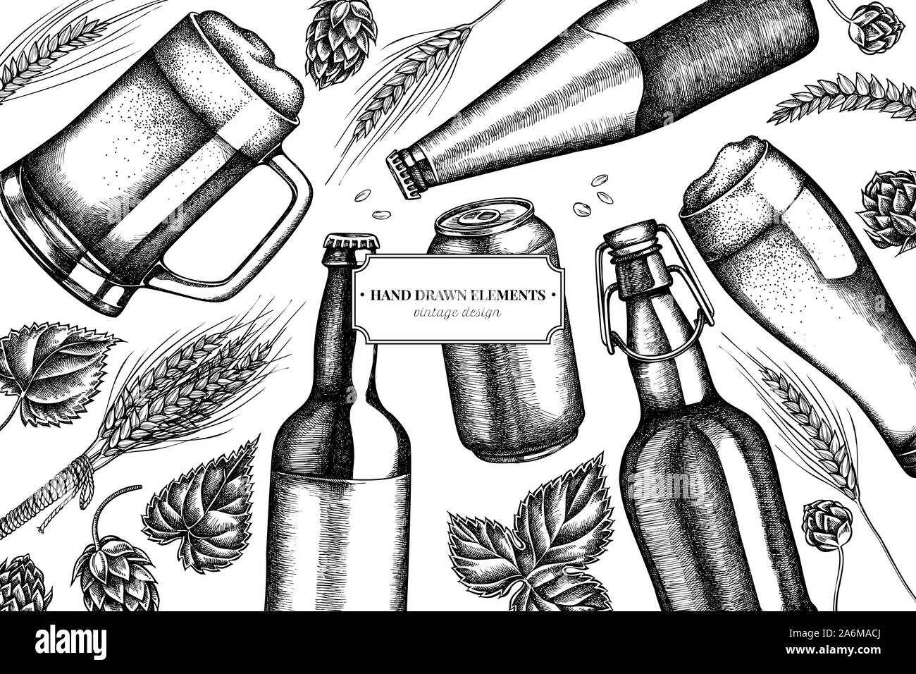 Design con in bianco e nero di segala, hop, boccale di birra, le bottiglie di birra, alluminio può stock illustrazione Illustrazione Vettoriale