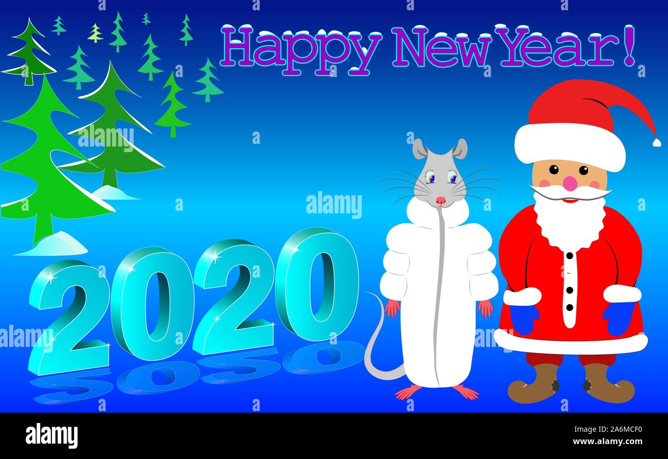 Luminosa, colorata poster Felice Anno Nuovo 2020 da un bianco di ratto e di Santa Claus. Illustrazione Vettoriale