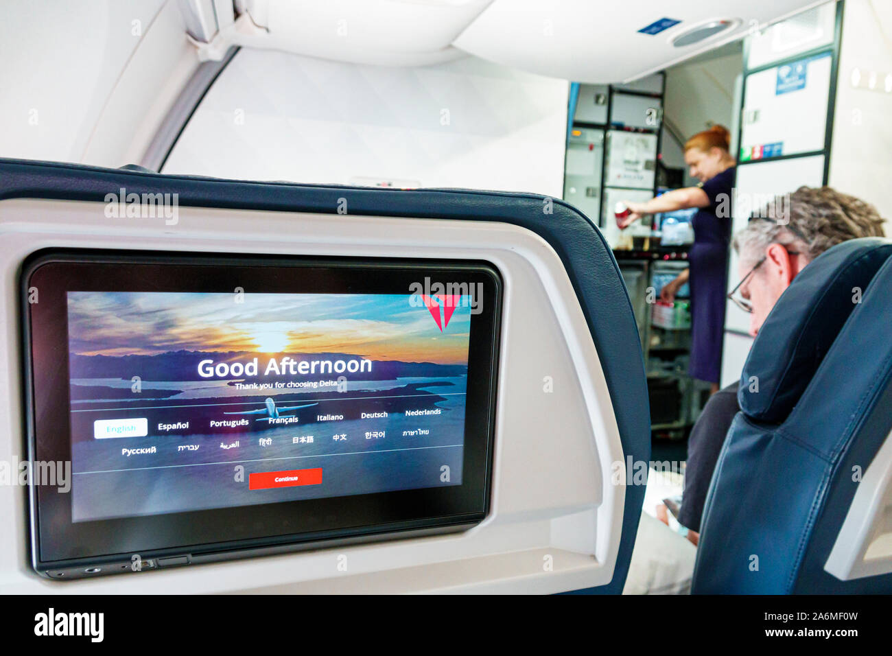 Fort ft. Lauderdale Florida,Fort Lauderdale-Hollywood International Airport FLL,Delta Airlines,aereo,interno,Business Class,cabina,schienale touch-scr Foto Stock