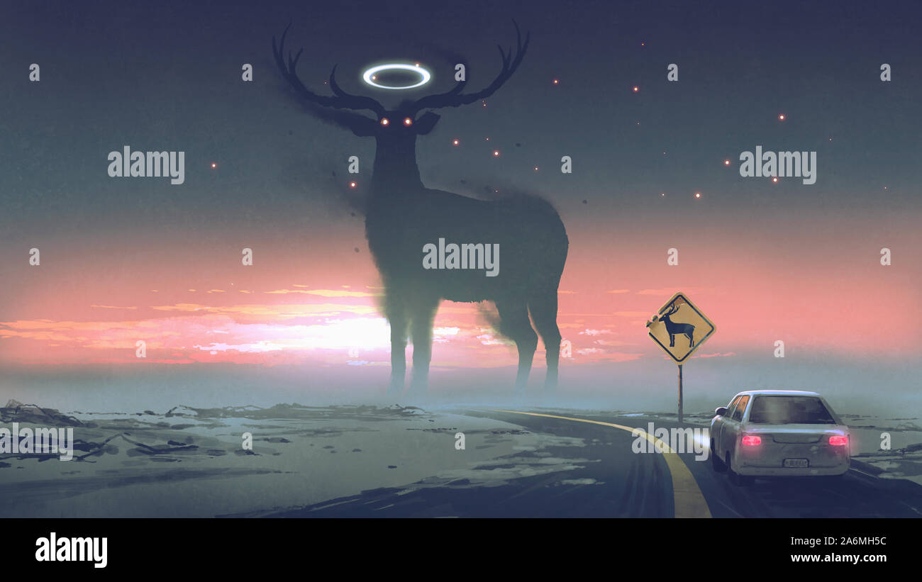 Una creatura leggendaria concetto mostra un auto in esecuzione nella zona di animale, il cervo gigante con alone brillante su strada, arte digitale stile, illustrazione pai Foto Stock