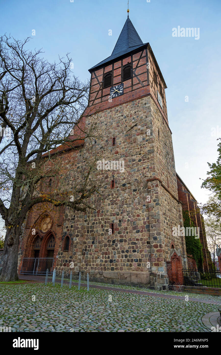 La Chiesa di Santa Maria di Strasburgo Uckermark nel quartiere Vorpommern-Greifswald in Germania, costruito da pietre di campo e semi-timbering con mattoni Foto Stock
