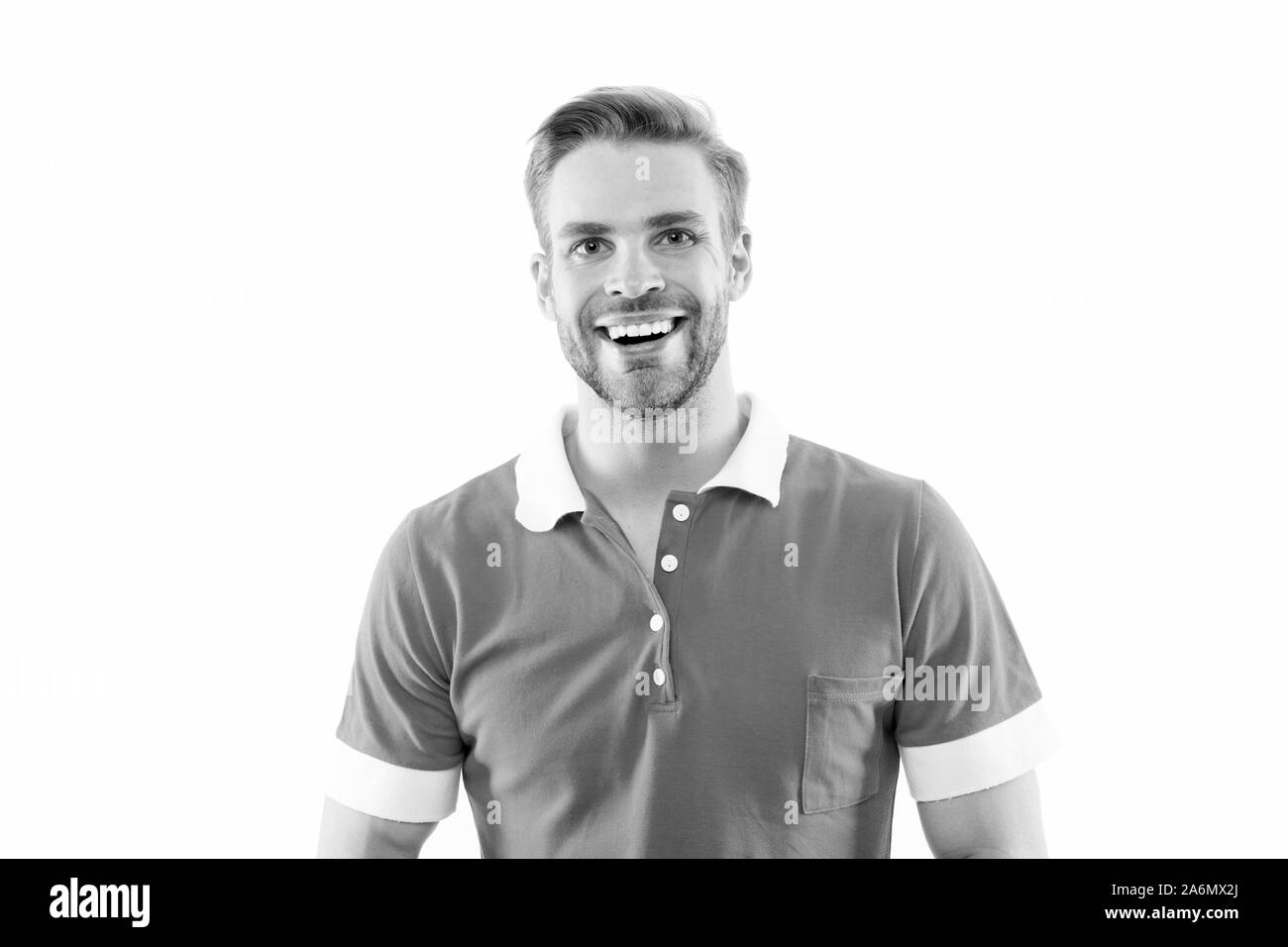 Cassa regolari. Affitto shop store lavoratore. Servizio di consegna a domicilio. Concetto di cassiere. Venditore cassiere carriera. Ristorante caffetteria personale ha desiderato. Uomo barba lunga hipster usura uniforme del cassiere sfondo bianco. Foto Stock